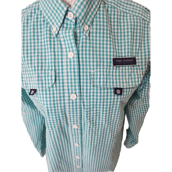 Simply Southern Vented Teal Green Gingham Check Button Shirt Women's Medium - Picture 2 of 8